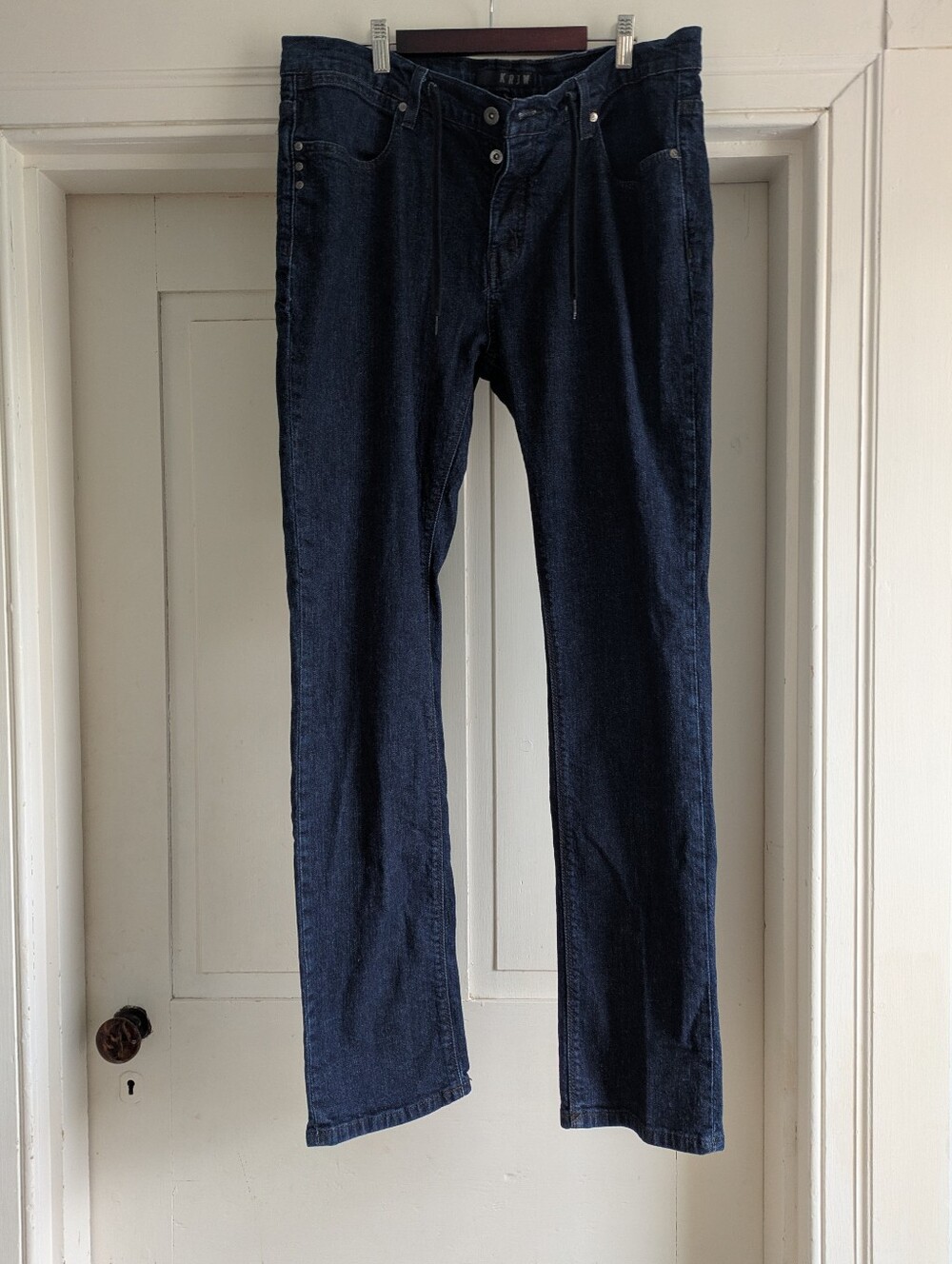 Krew Dark Blue K Slim Straight Leg Denim Jeans w/ Drawstring at Waist- 38X34 - Picture 1 of 10